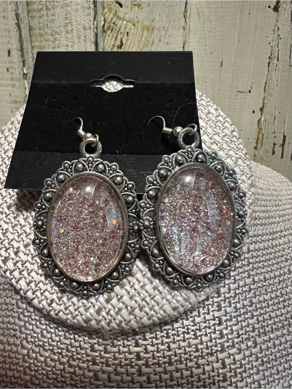 Handmade Pink Glitter Oval Resin Drop Earrings - Unknown Brand